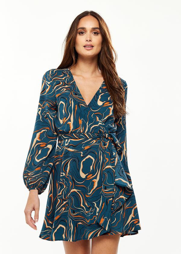 Liquorish Women's Mini Dress in Dark Green with Long Sleeves and Scribble Print Wrap Style - Liquorish