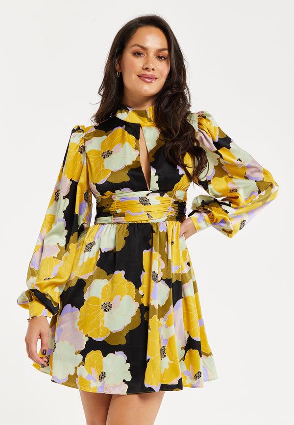 Liquorish Women's Mini Dress In Earth Tone With Long Balloon Sleeves And Abstract Floral Print - Liquorish
