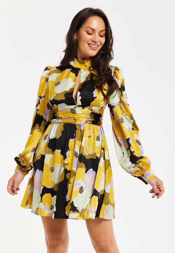 Liquorish Women's Mini Dress In Earth Tone With Long Balloon Sleeves And Abstract Floral Print - Liquorish