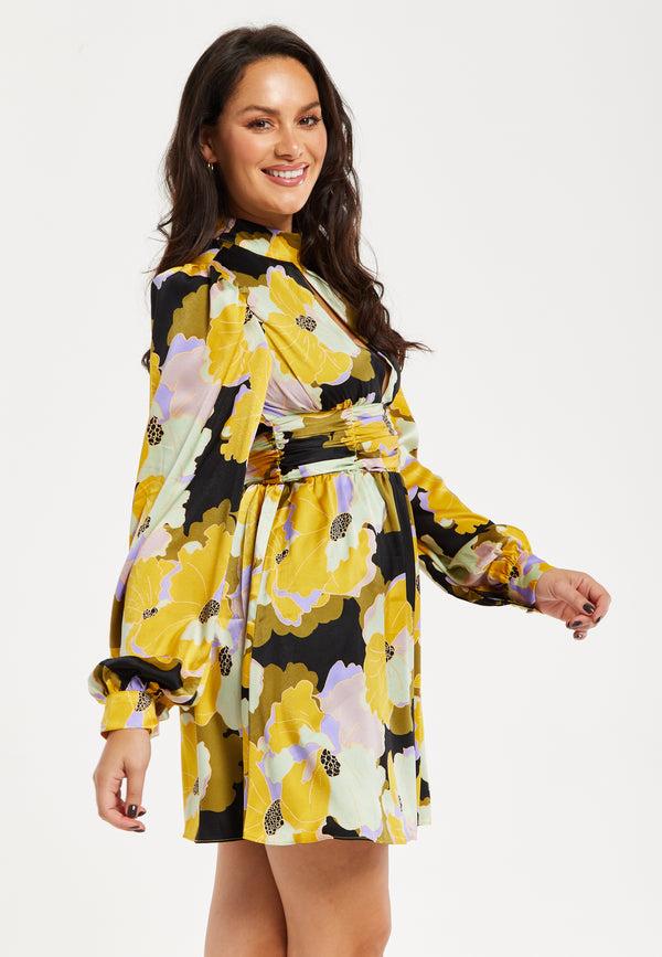 Liquorish Women's Mini Dress In Earth Tone With Long Balloon Sleeves And Abstract Floral Print - Liquorish