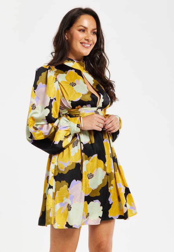 Liquorish Women's Mini Dress in Earth Tone with Long Balloon Sleeves and Abstract Floral Print - Liquorish