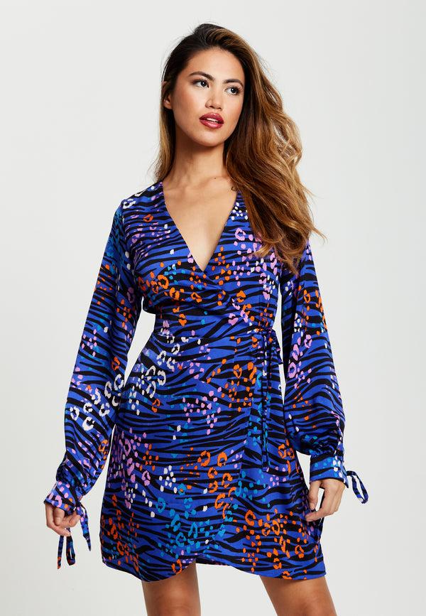 Liquorish Women's Mini Dress In Electric Blue With Long Balloon Sleeves And Satin Wrap Design - Liquorish