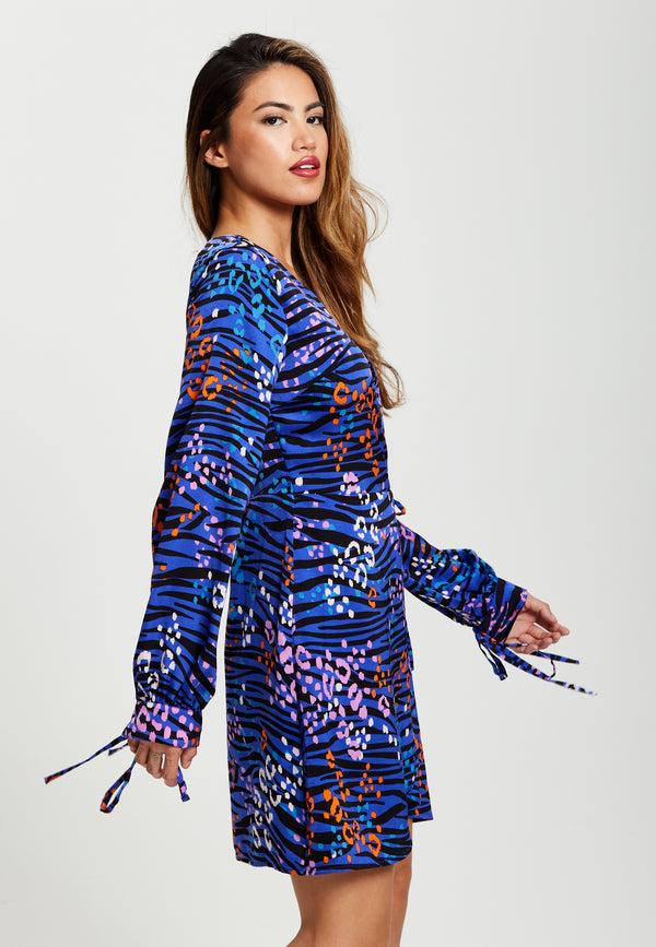 Liquorish Women's Mini Dress In Electric Blue With Long Balloon Sleeves And Satin Wrap Design - Liquorish