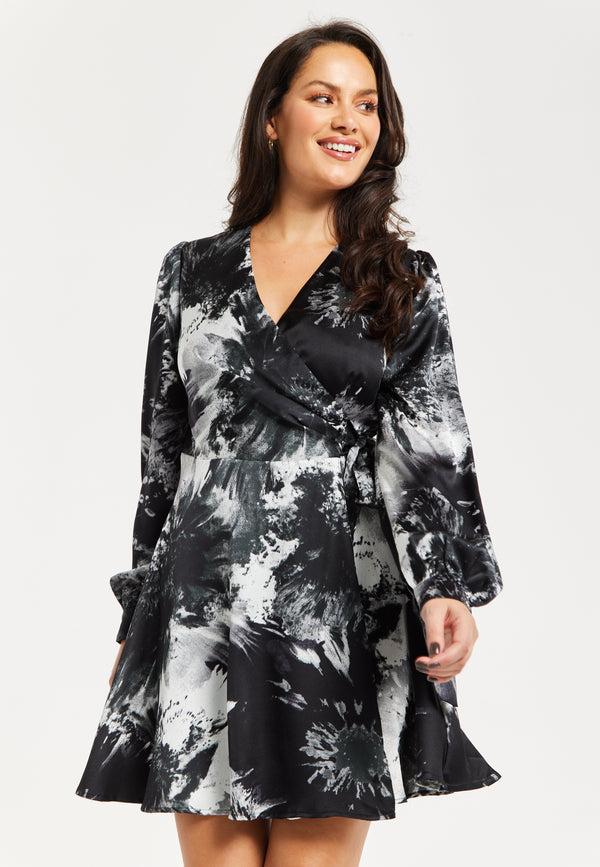 Liquorish Women's Mini Dress In Eye-Catching Mono Abstract Print Flattering Wrap Style Long Sleeves - Liquorish