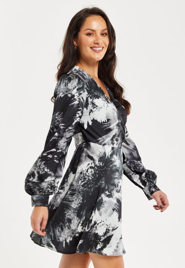 Liquorish Women's Mini Dress In Eye-Catching Mono Abstract Print Flattering Wrap Style Long Sleeves - Liquorish