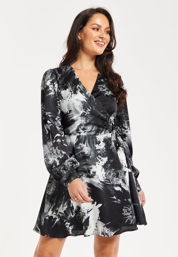Liquorish Women's Mini Dress In Eye-Catching Mono Abstract Print Flattering Wrap Style Long Sleeves - Liquorish