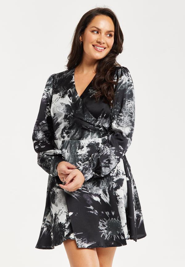 Liquorish Women's Mini Dress in Eye-Catching Mono Abstract Print Flattering Wrap Style Long Sleeves - Liquorish