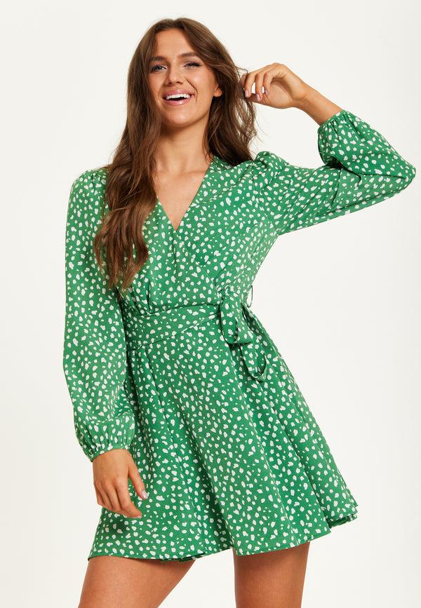Liquorish Women's Mini Dress In Green With Long Sleeves Animal Print Wrap Style - Chic And Flattering By Liquorish