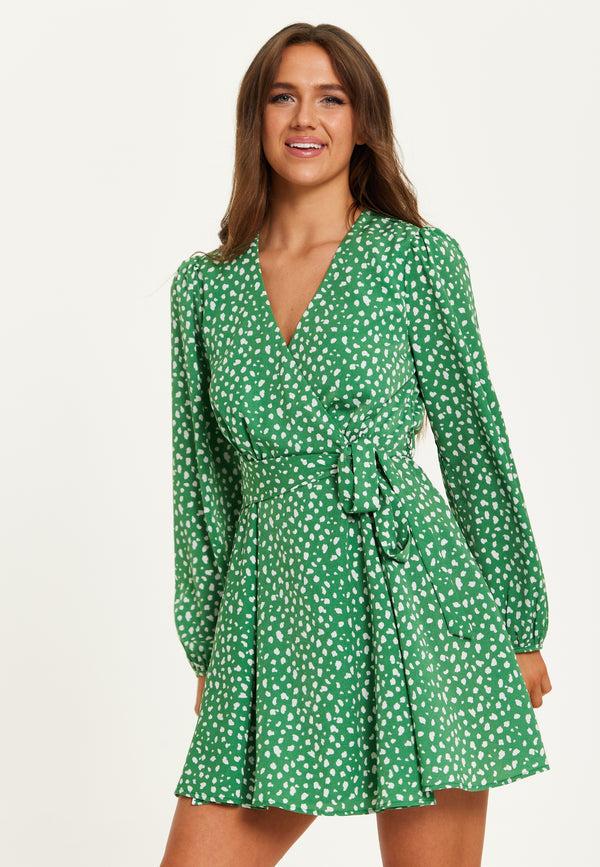 Liquorish Women's Mini Dress in Green with Long Sleeves Animal Print Wrap Style - Chic and Flattering by Liquorish