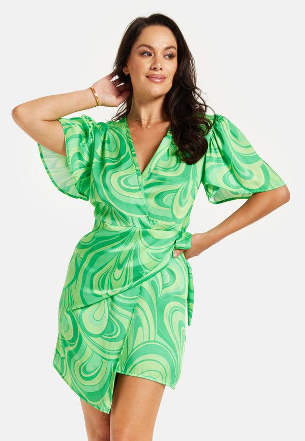 Liquorish Women's Mini Dress In Green With Short Sleeves V Neck Tie Waist And Wrap Style - Liquorish