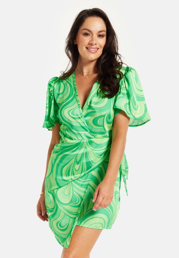 Liquorish Women's Mini Dress In Green With Short Sleeves V Neck Tie Waist And Wrap Style - Liquorish