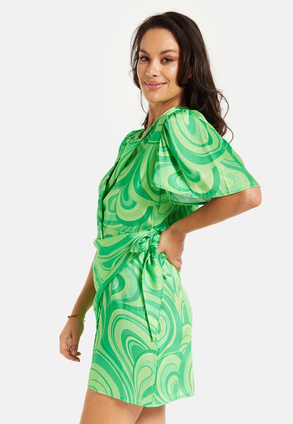 Liquorish Women's Mini Dress In Green With Short Sleeves V Neck Tie Waist And Wrap Style - Liquorish