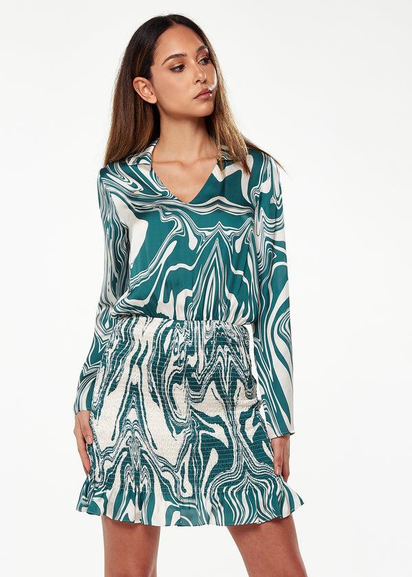 Liquorish Women’s Mini Dress In Green With Swirling Marble Print V-Neck Full-Length Sleeves Smocked Skirt And Frill Hem