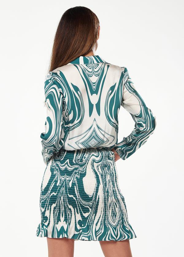 Liquorish Women’s Mini Dress In Green With Swirling Marble Print V-Neck Full-Length Sleeves Smocked Skirt And Frill Hem