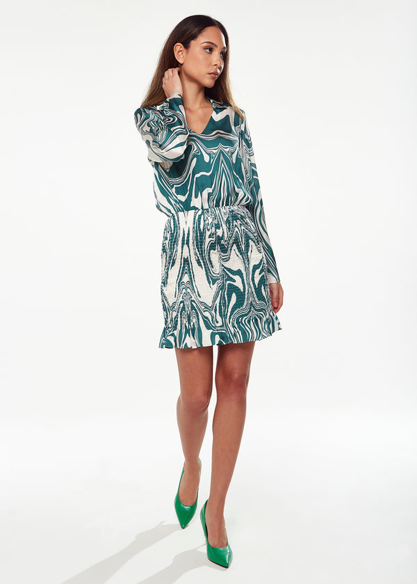 Liquorish Women’s Mini Dress in Green with Swirling Marble Print V-Neck Full-Length Sleeves Smocked Skirt and Frill Hem