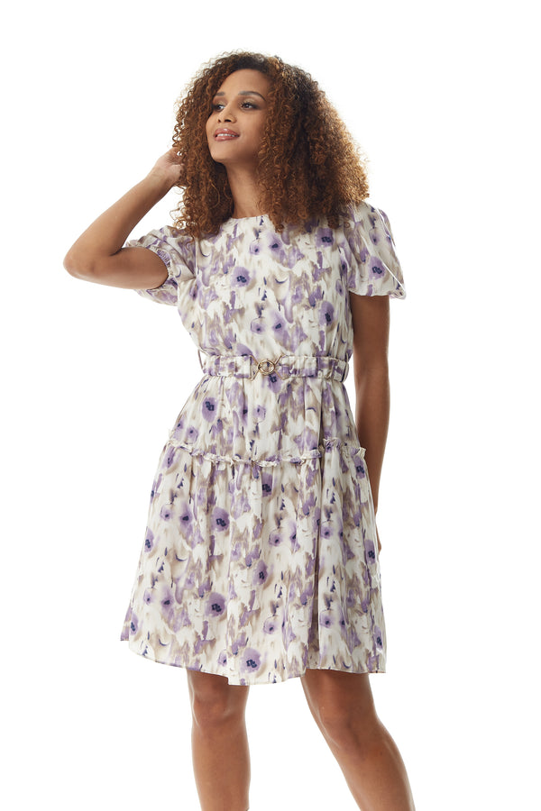 Liquorish Women's Mini Dress In Lilac Floral With Short Sleeves And Matching Belt - Elegant Style By Liquorish
