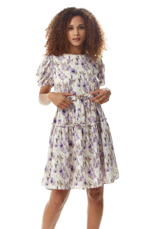 Liquorish Women's Mini Dress in Lilac Floral with Short Sleeves and Matching Belt - Elegant Style by Liquorish