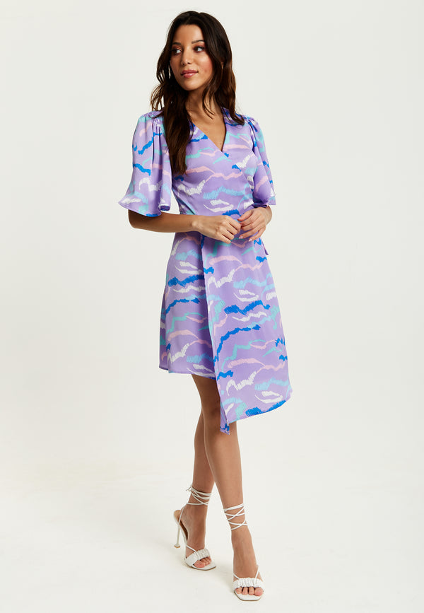 Liquorish Women's Mini Dress In Lilac With Kimono Sleeves And Wrap Style Design By Liquorish