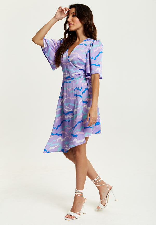 Liquorish Women's Mini Dress In Lilac With Kimono Sleeves And Wrap Style Design By Liquorish