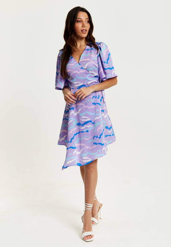 Liquorish Women's Mini Dress In Lilac With Kimono Sleeves And Wrap Style Design By Liquorish