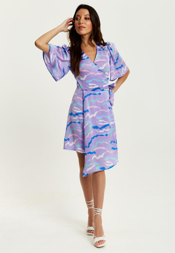 Liquorish Women's Mini Dress in Lilac with Kimono Sleeves and Wrap Style Design by Liquorish