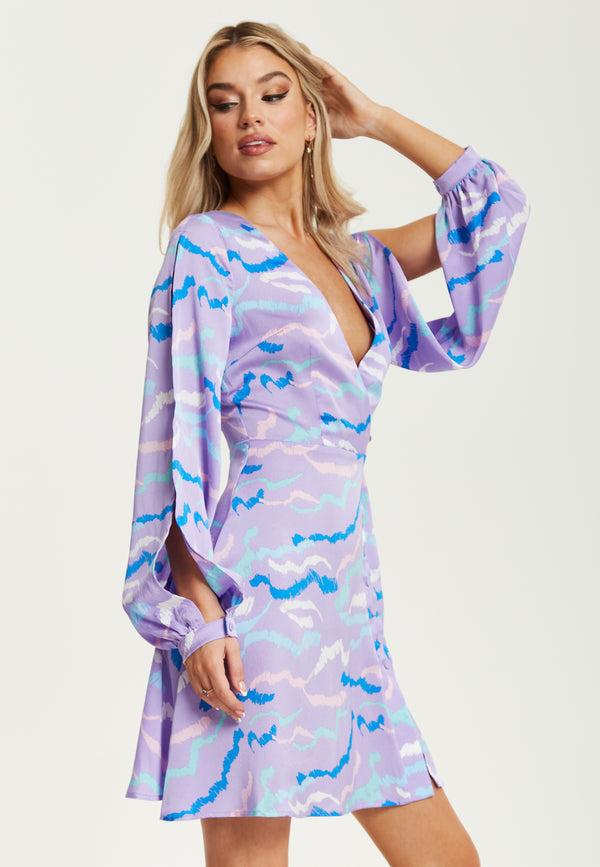 Liquorish Women's Mini Dress In Lilac With Slit Sleeves And Unique Abstract Zebra Print - Liquorish