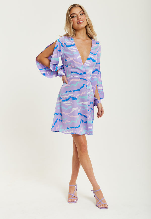 Liquorish Women's Mini Dress in Lilac with Slit Sleeves and Unique Abstract Zebra Print - Liquorish