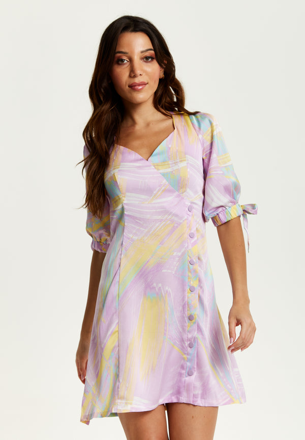 Liquorish Women's Mini Dress In Lilac With V Neck Tie Back Tie Sleeves And Abstract Print - Liquorish