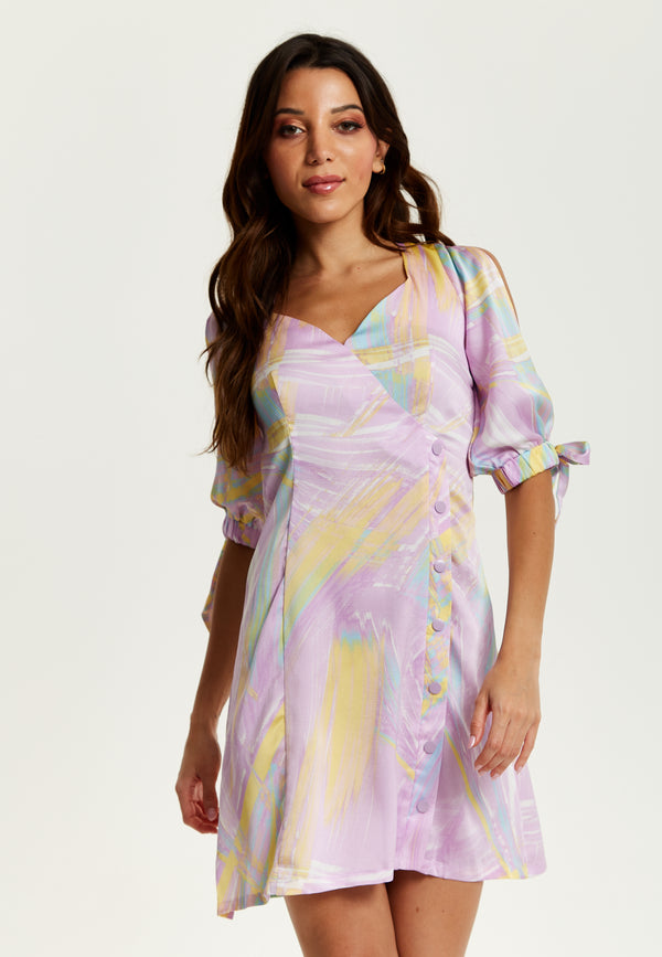 Liquorish Women's Mini Dress In Lilac With V Neck Tie Back Tie Sleeves And Abstract Print - Liquorish