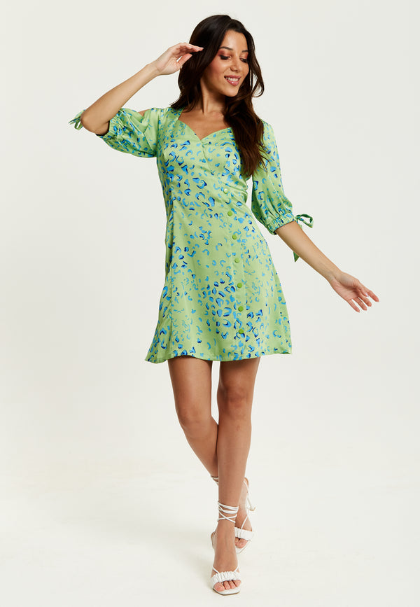 Liquorish Women's Mini Dress in Mint with Tie-Up Sleeves and Back Detail - Stylish Liquorish