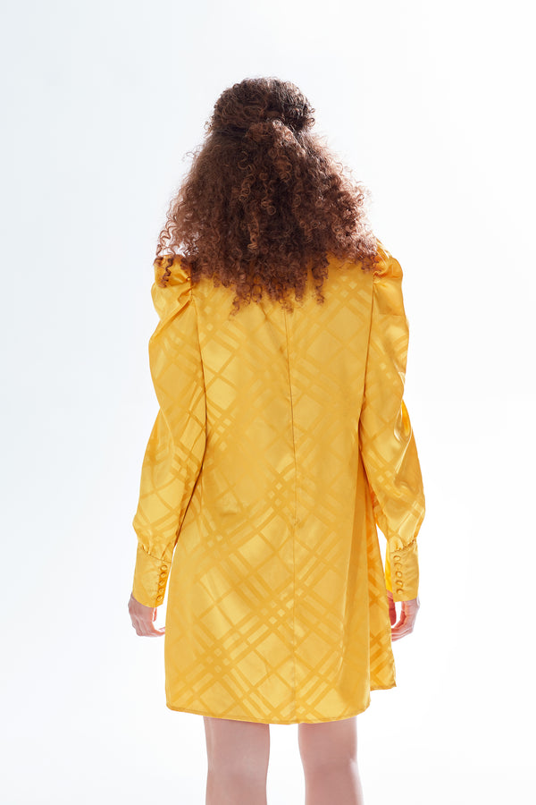 Liquorish Women's Mini Dress In Mustard With High Neck Puff Sleeves & Chic Check Design - Liquorish