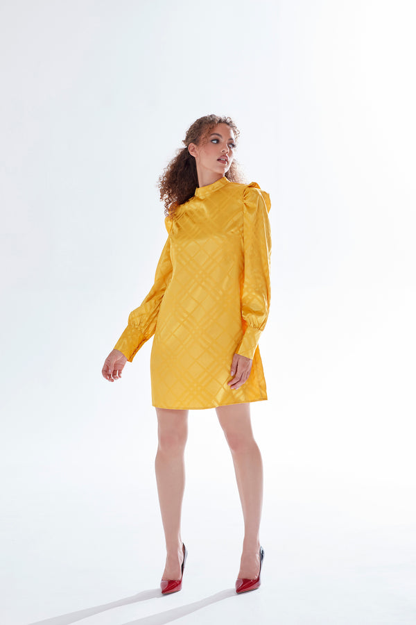 Liquorish Women's Mini Dress In Mustard With High Neck Puff Sleeves & Chic Check Design - Liquorish