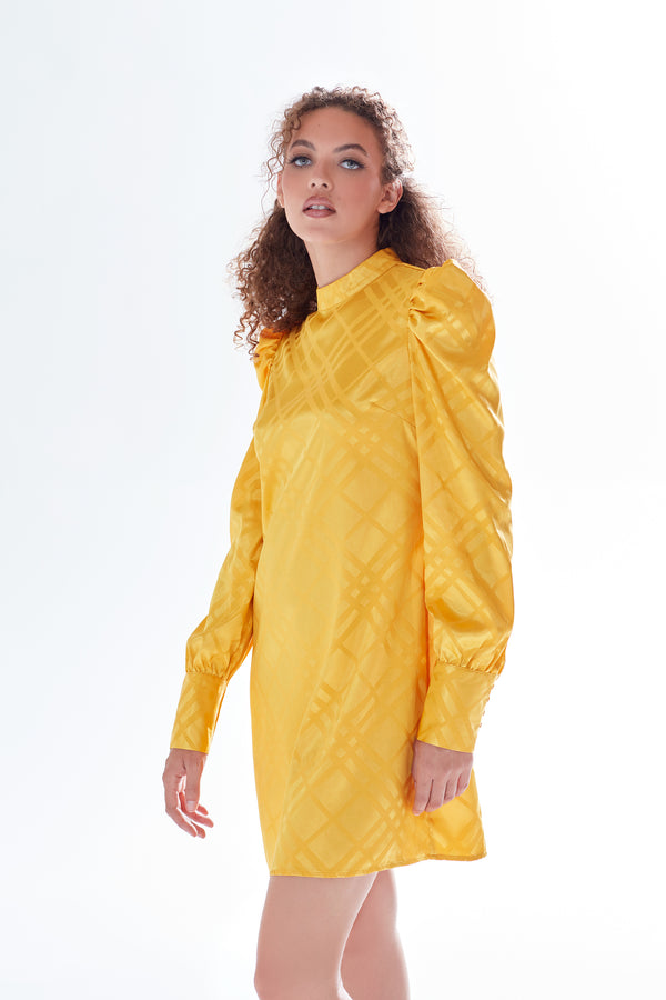 Liquorish Women's Mini Dress in Mustard with High Neck Puff Sleeves & Chic Check Design - Liquorish
