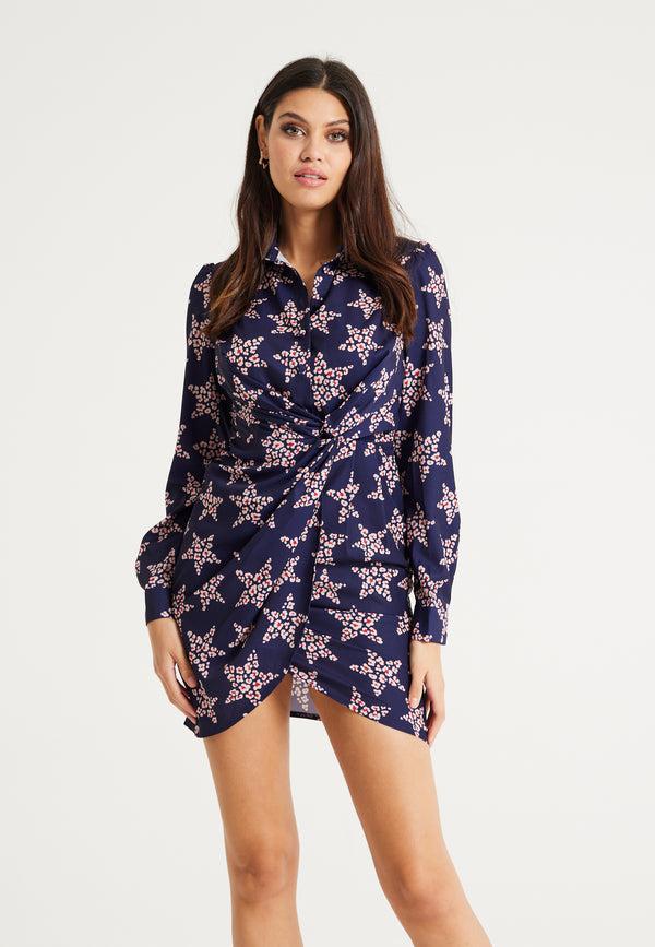 Liquorish Women's Mini Dress in Navy with Long Sleeves Twisted Front Detail and Collar - Liquorish