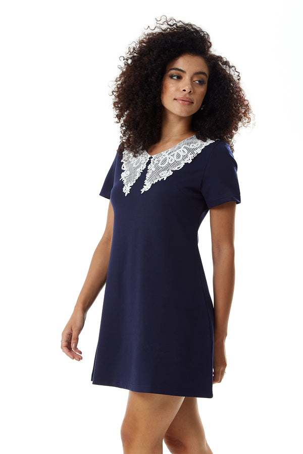 Liquorish Women's Mini Dress In Navy With Short Sleeves And Lace Collar - Elegant Style By Liquorish