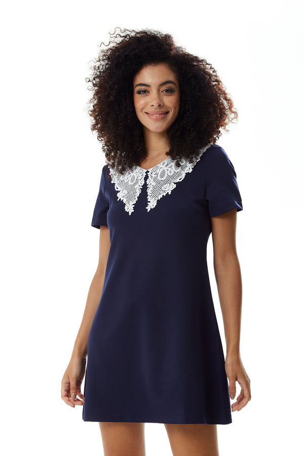Liquorish Women's Mini Dress in Navy with Short Sleeves and Lace Collar - Elegant Style by Liquorish