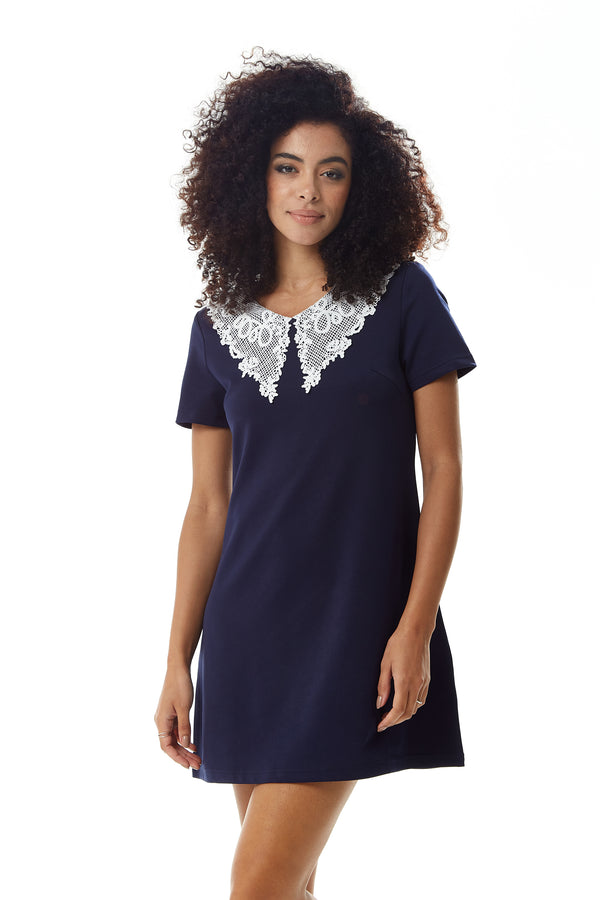 Liquorish Women's Mini Dress In Navy With Short Sleeves And Lace Collar - Elegant Style By Liquorish