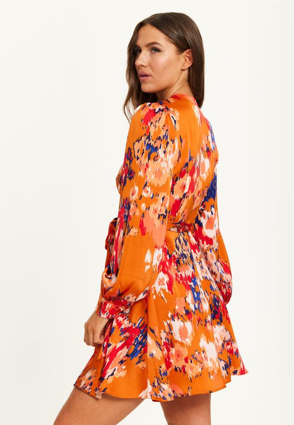 Liquorish Women’s Mini Dress In Orange With Long Sleeves Abstract Print Wrap Style By Liquorish