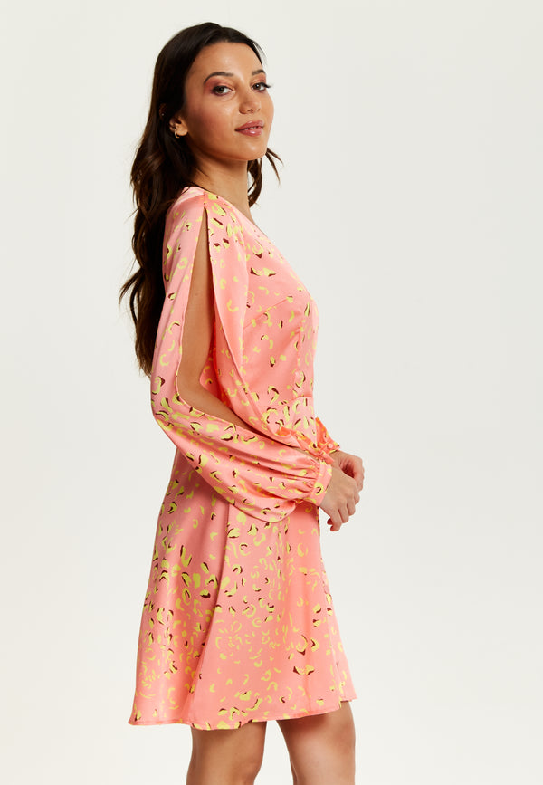 Liquorish Women's Mini Dress In Peach With Slit Sleeves And Abstract Animal Print - Effortless Style By Liquorish
