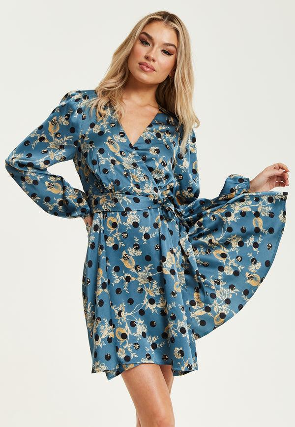 Liquorish Women's Mini Dress in Petrol Blue with Long Sleeves Floral and Polka Dot Print Wrap Style by Liquorish