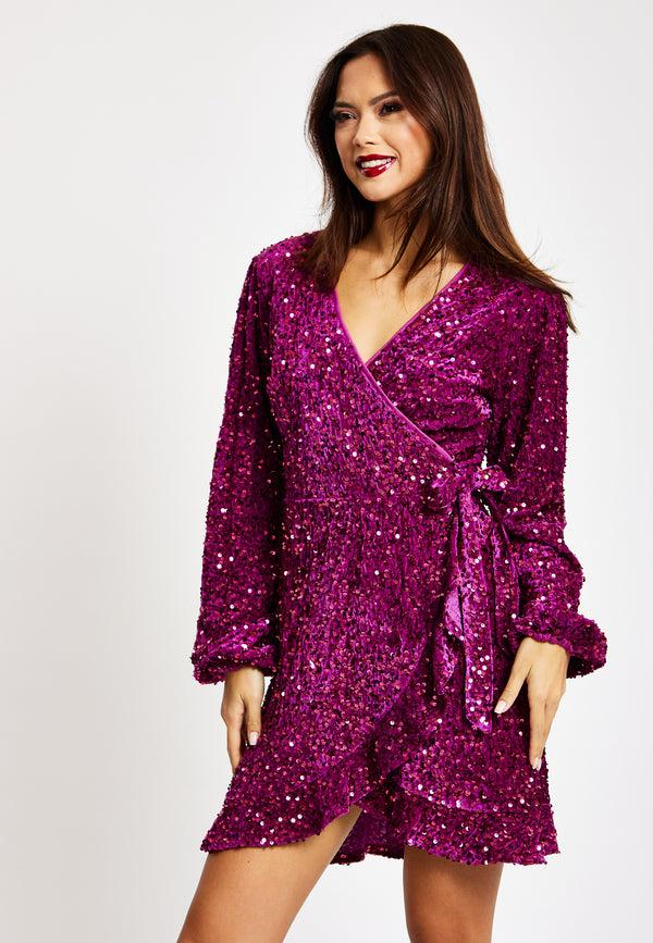 Liquorish Women's Mini Dress In Pink Sequin Velvet With Long Sleeves - Elegant Wrap Style By Liquorish