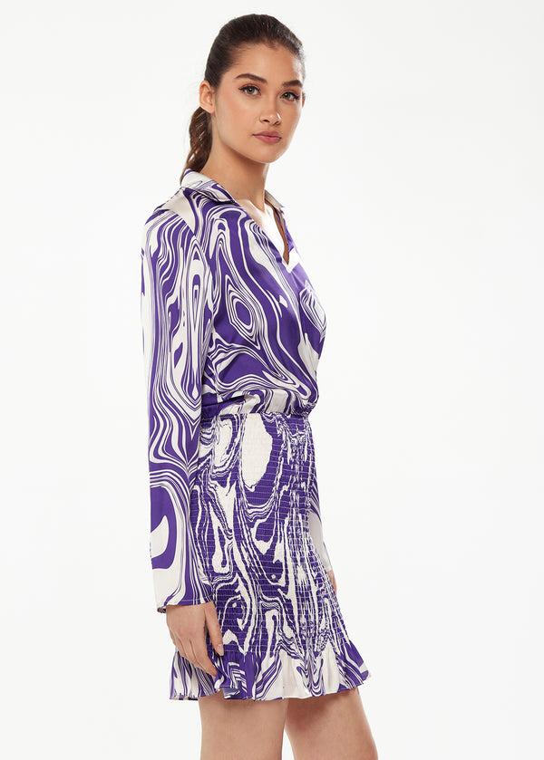 Liquorish Women’s Mini Dress In Purple With Marble Print V-Neck Long Sleeves Defined Waist Frill Hem
