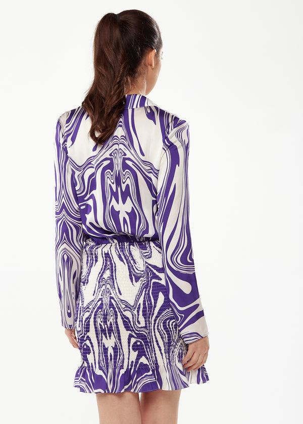 Liquorish Women’s Mini Dress In Purple With Marble Print V-Neck Long Sleeves Defined Waist Frill Hem