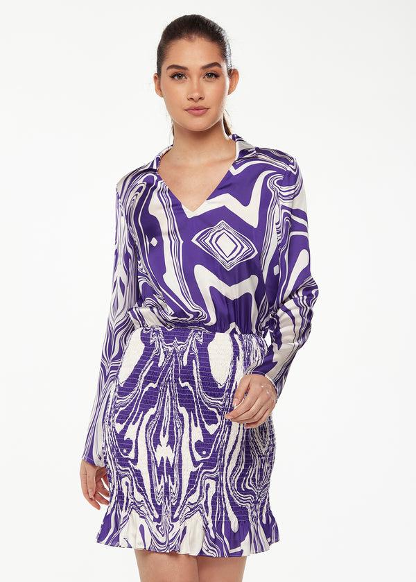 Liquorish Women’s Mini Dress In Purple With Marble Print V-Neck Long Sleeves Defined Waist Frill Hem