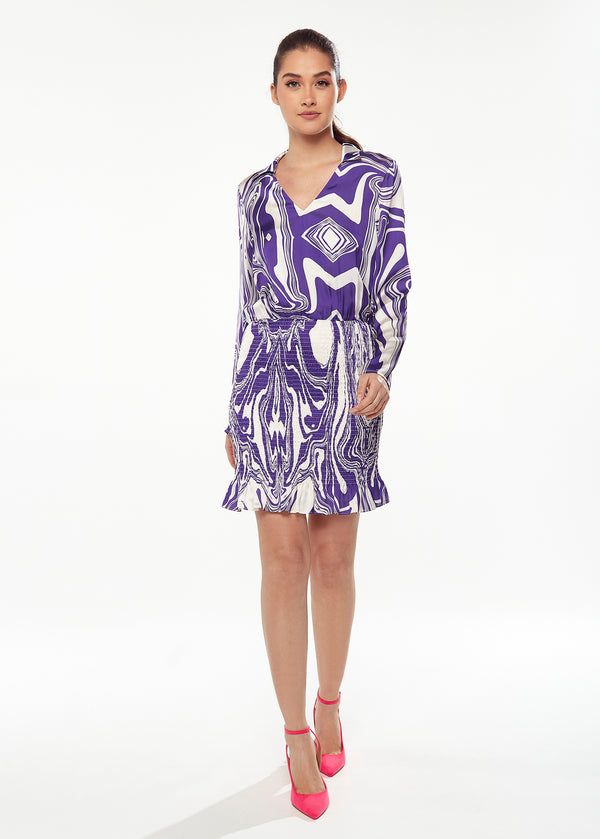 Liquorish Women’s Mini Dress in Purple with Marble Print V-Neck Long Sleeves Defined Waist Frill Hem