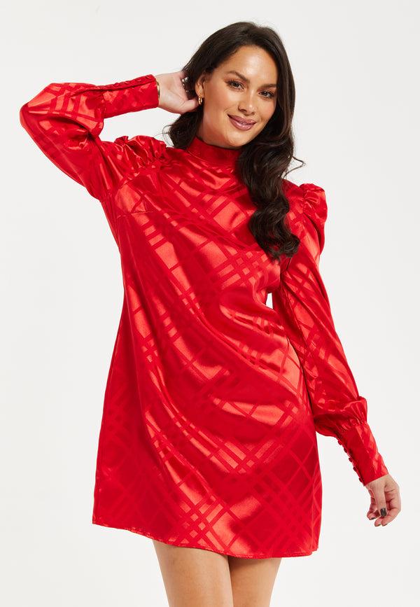 Liquorish Women's Mini Dress In Red With High Neck Puff Sleeves And Check Jacquard Design - Liquorish