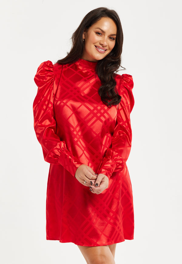 Liquorish Women's Mini Dress In Red With High Neck Puff Sleeves And Check Jacquard Design - Liquorish