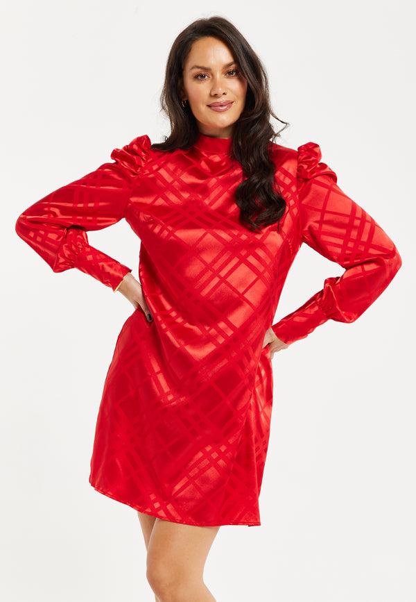 Liquorish Women's Mini Dress In Red With High Neck Puff Sleeves And Check Jacquard Design - Liquorish