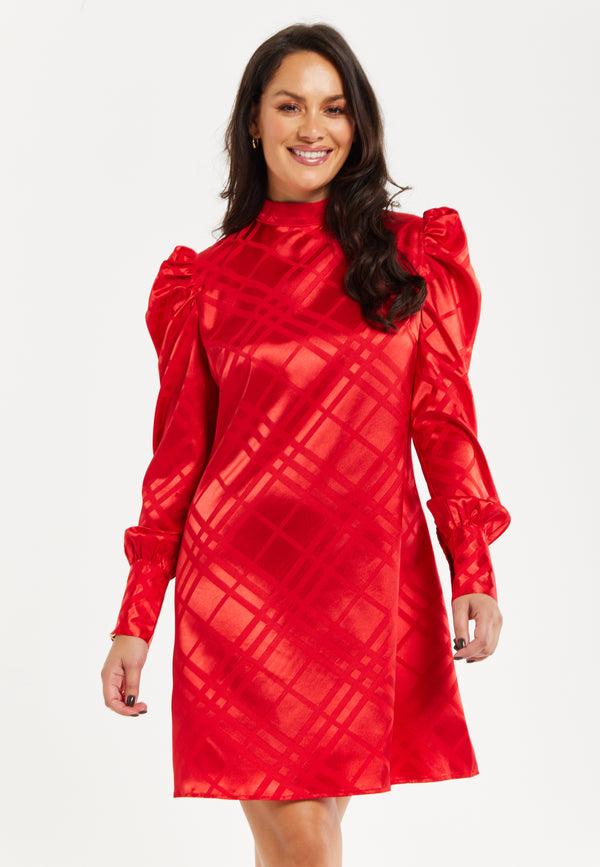 Liquorish Women's Mini Dress in Red with High Neck Puff Sleeves and Check Jacquard Design - Liquorish
