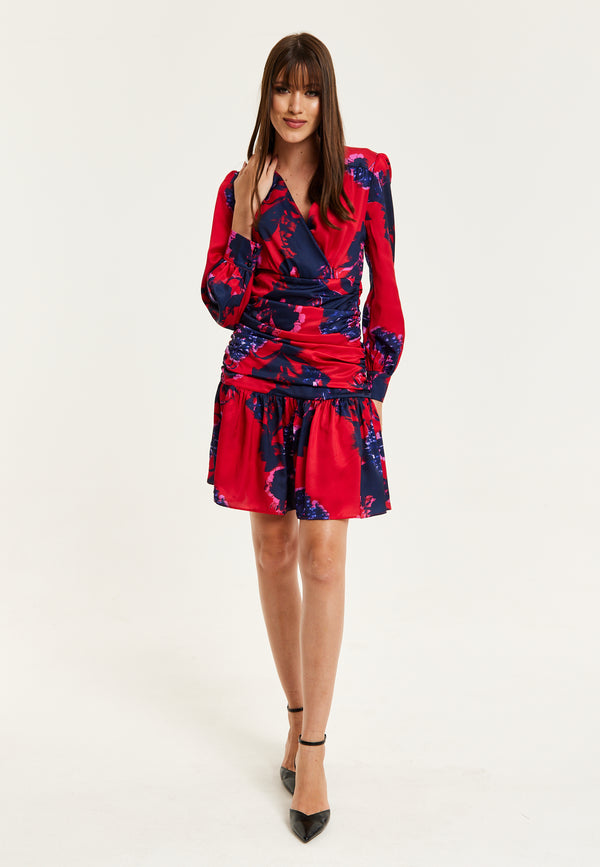 Liquorish Women's Mini Dress In Red With Long Balloon Sleeves And Floral Print Elegant Design By Liquorish